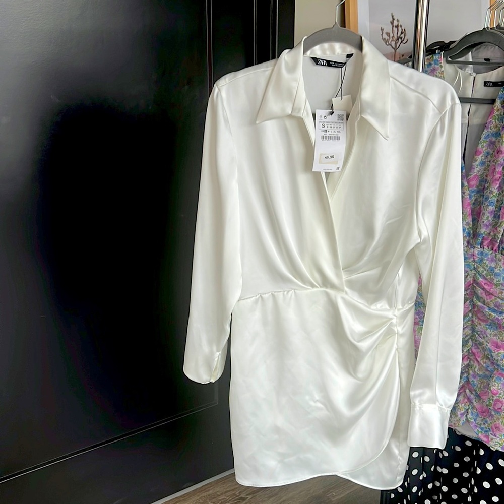 New With Tags! Zara Short Satin Effect Dress Size S White Ref 9492/650